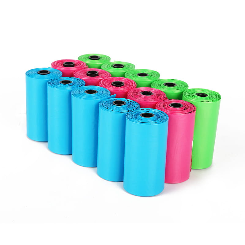 brightly colored rolls of epi degradable dog waste bags in blue pink and green for pet waste disposal 120 count