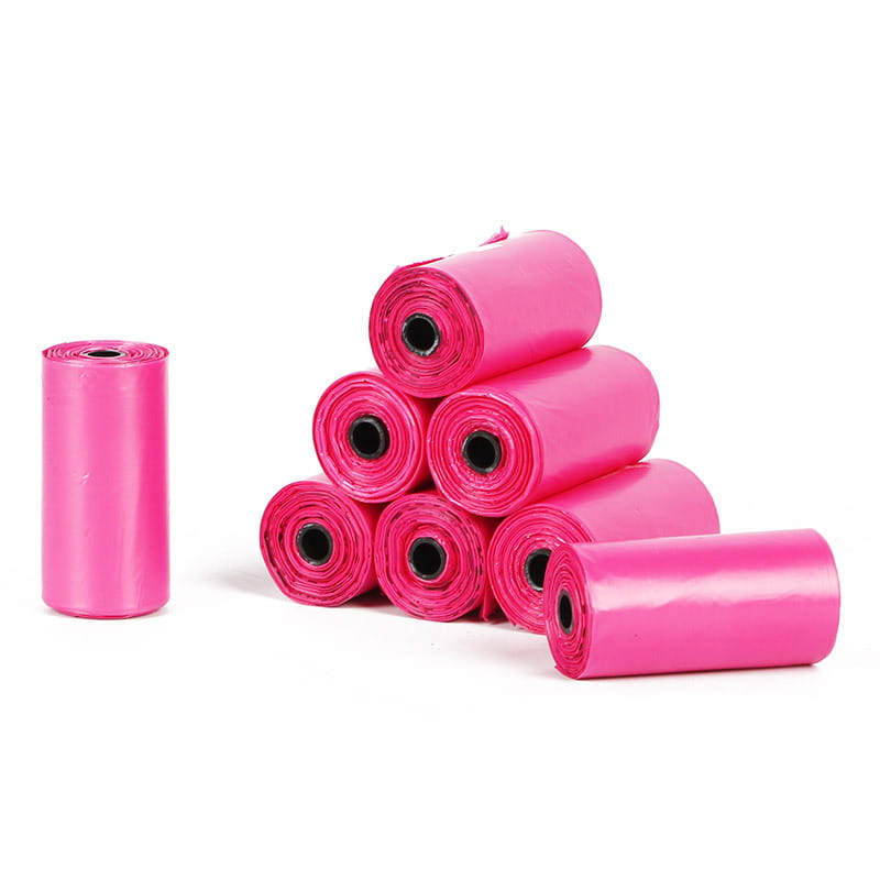 bright pink plastic roll of epi degradable dog waste bags 120 count designed for eco-friendly pet waste disposal