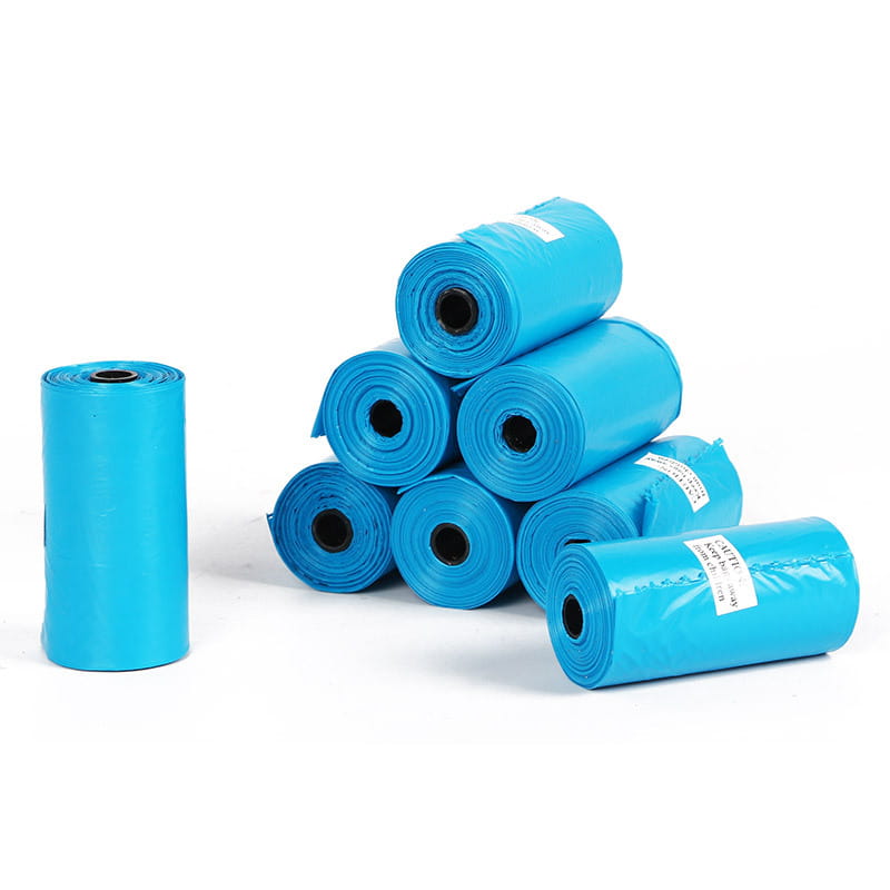 bright blue plastic roll of epi degradable dog waste bags 120 count designed for pet waste disposal