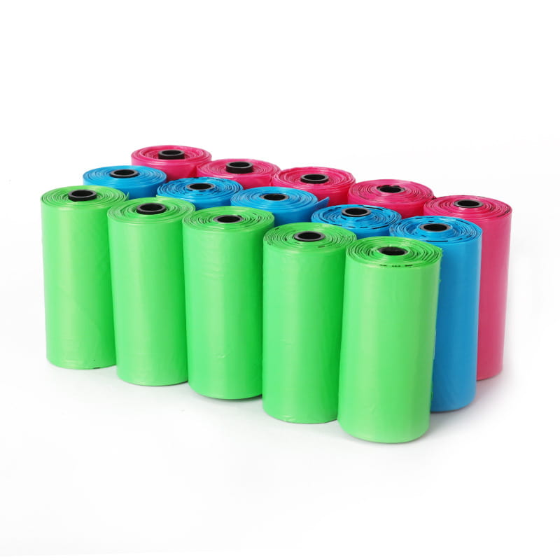bright green, blue, and pink rolls of epi degradable dog waste bags made of plastic containing 120 count for pet waste disposal