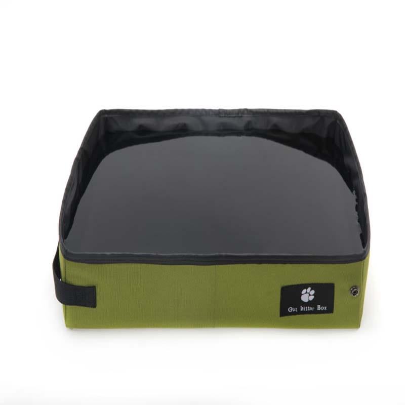 boîte à litière pour chat portable pliable en vert olive, avec intérieur noir et logo représentant une patte, conçue pour un rangement et un transport aisés.
