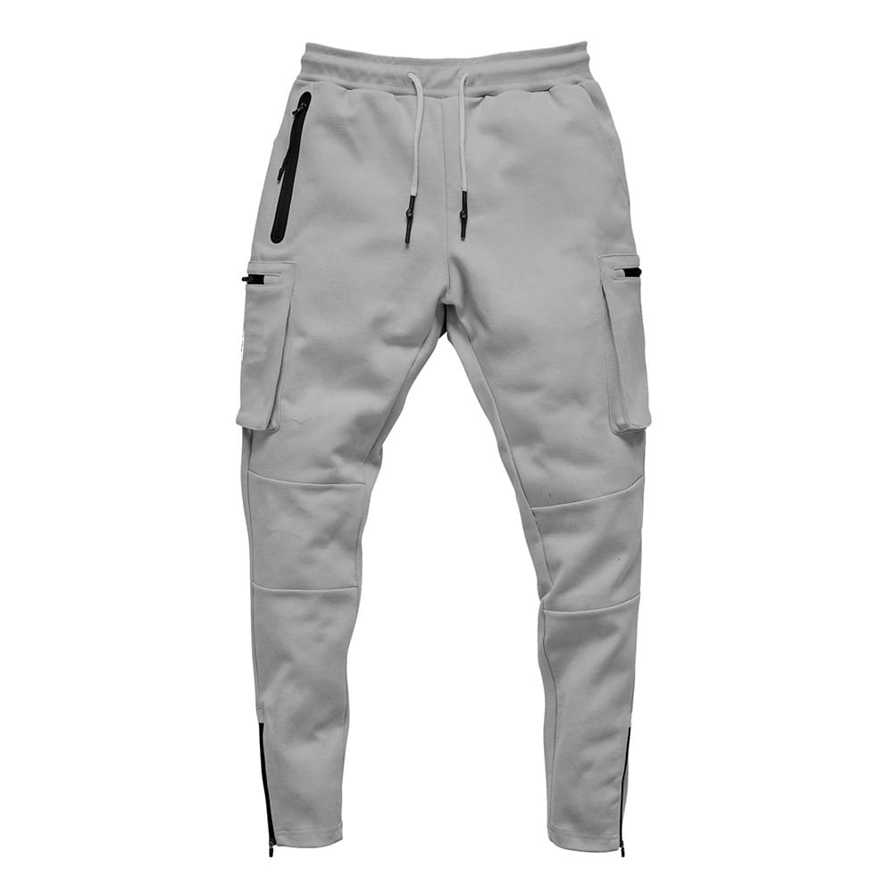 Men’s gray cargo joggers with black zipper accents and side pockets designed as fitness trousers.