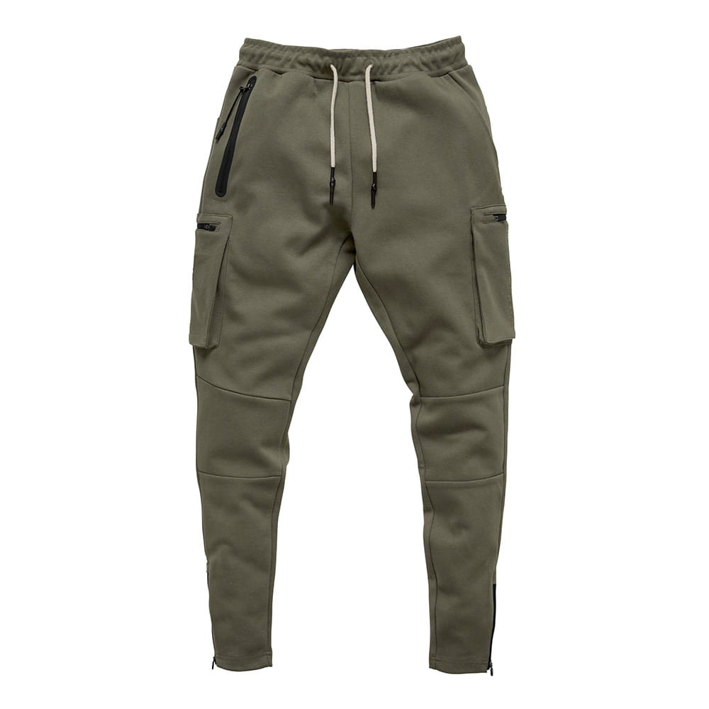Men’s olive green zipper cargo joggers with black zippers and white drawstrings designed for fitness and casual wear.