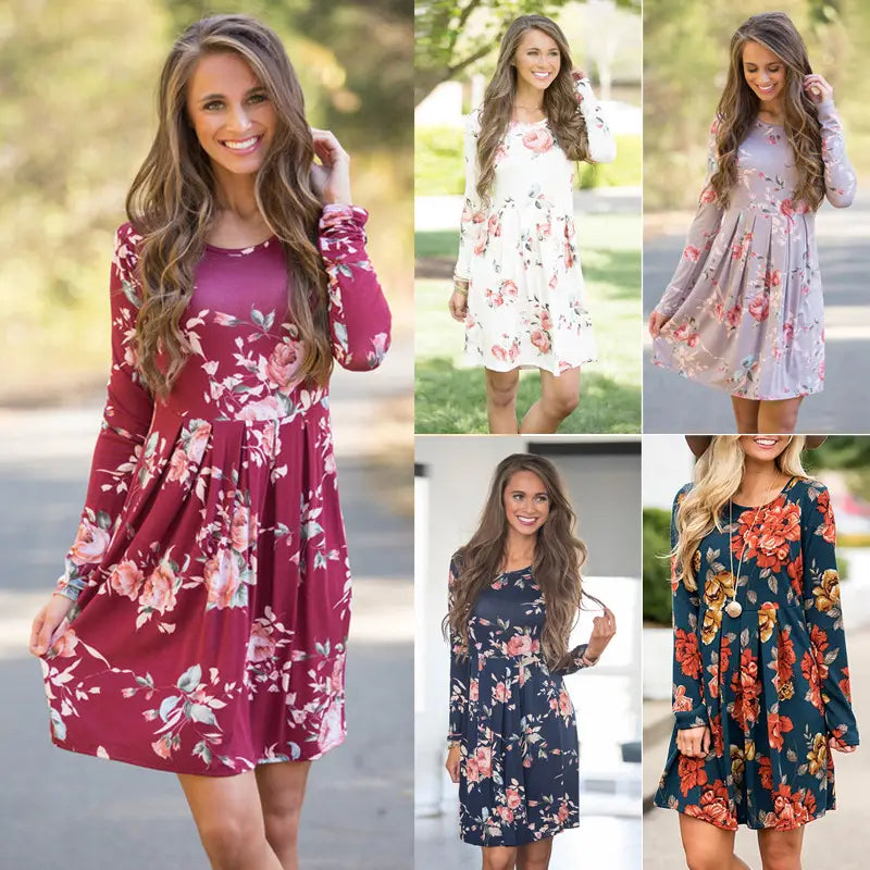 Robe midi évasée de type A, à manches longues, à imprimé floral, taille haute, pour femmes, avec une silhouette douce et fluide, disponible en bordeaux, blanc, lavande, marine et bleu-vert.