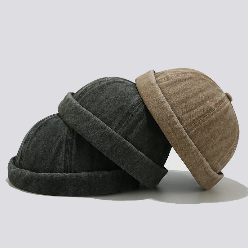dark gray and tan corduroy bucket hats with rolled-up brims featured as washed denim baseball cap retro rolled brim hats.