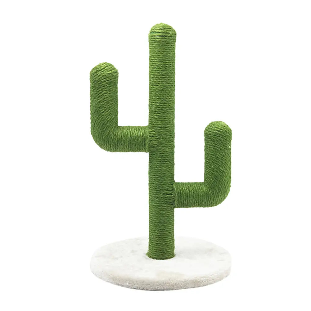 Green cactus-shaped cat scratching post with textured rope-wrapped sisal surface and white marble base for climbing and scratching.