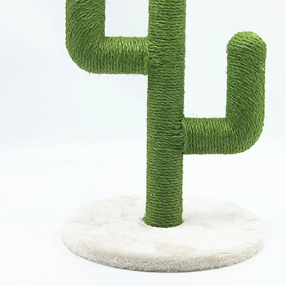 Green cactus-shaped cat scratching post with sisal rope-wrapped textured surface and soft white circular base for climbing and scratching.