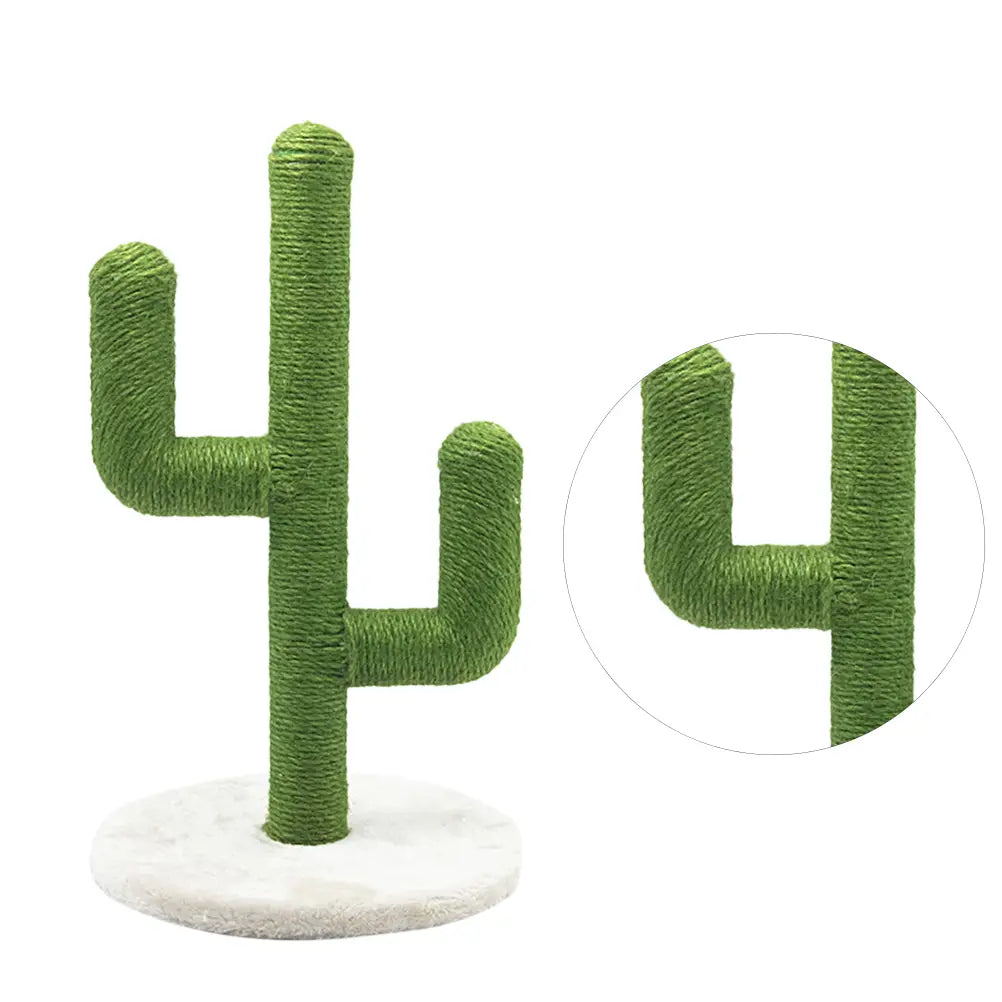 Green cactus-shaped cat scratching post with textured rope-wrapped sisal surface and white circular base for climbing and scratching.