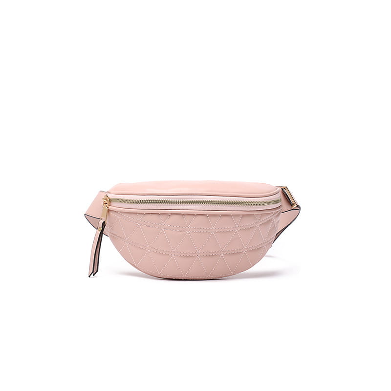 A soft pink quilted faux leather waist bag for women with a gold-tone zipper and matching tassel.