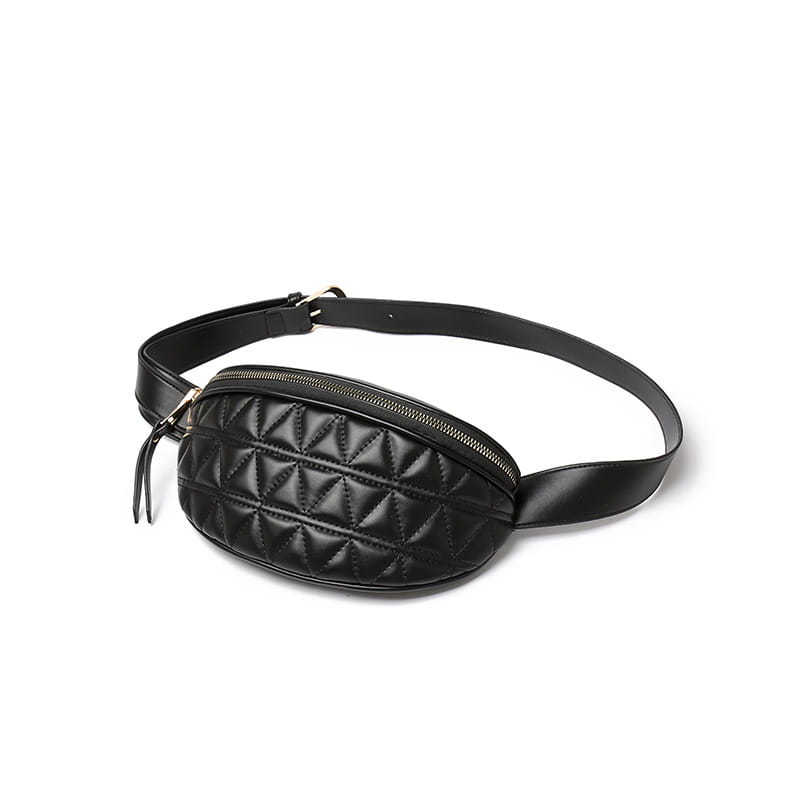 Black quilted faux leather waist bag for women with a sleek oval-shaped body and adjustable strap.