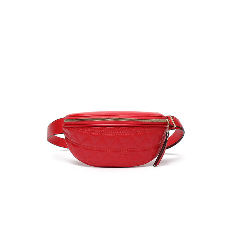Vibrant red quilted faux leather waist bag for women featuring a gold-tone zipper and matching strap.