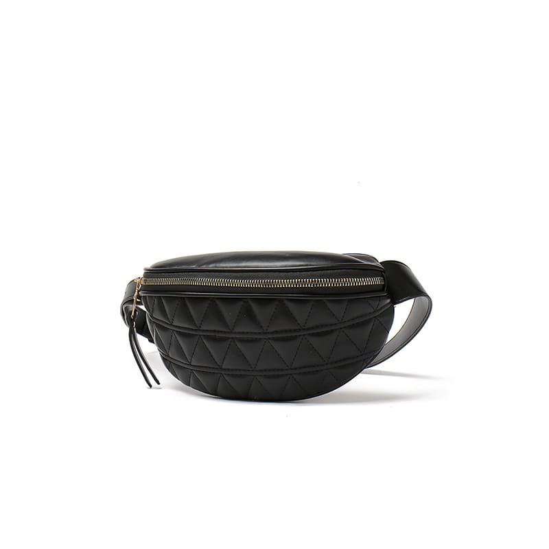 Black quilted faux leather waist bag for women with gold-tone zipper and matching strap.