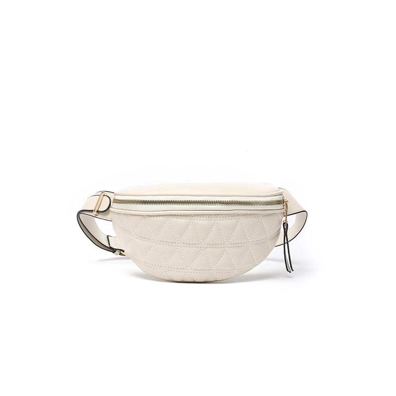 Cream-colored quilted faux leather waist bag for women featuring a metallic zipper and black trim.