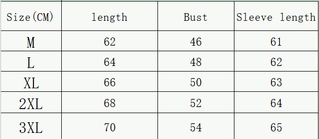 The table displays size measurements in centimeters for a men’s wool blend knit zip up hoodie from medium to 3XL.