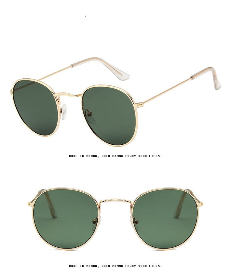 Gafas de sol vintage con lente de espejo metálica redonda, con monturas de aro dorado y lentes verde oscuro.