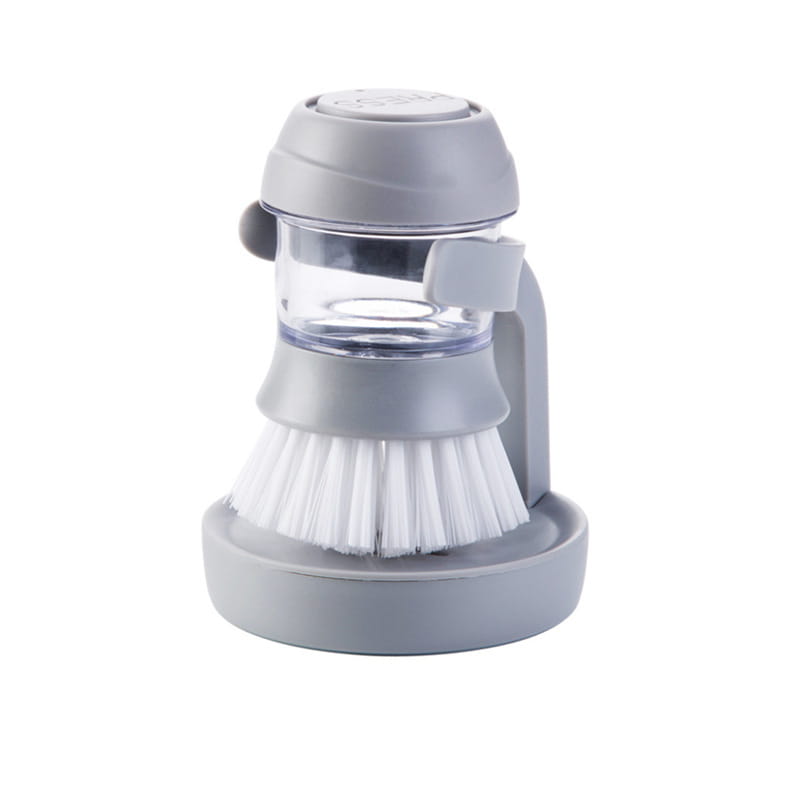 Cepillo de limpieza multifuncional de plástico gris para dispensación de líquidos, con cerdas blancas y un depósito de agua transparente.