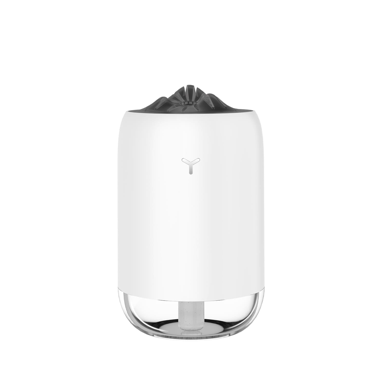 magic flame humidifier mini usb ultrasonic aroma diffuser featuring a white cylindrical body with a transparent base and black textured top for efficient humidification and aroma diffusion