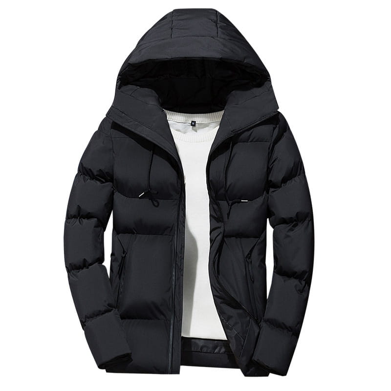 Chaqueta acolchada tipo puffer negra para hombre con capucha, con cierre mediante cremallera, mostrada desde el lado posterior.