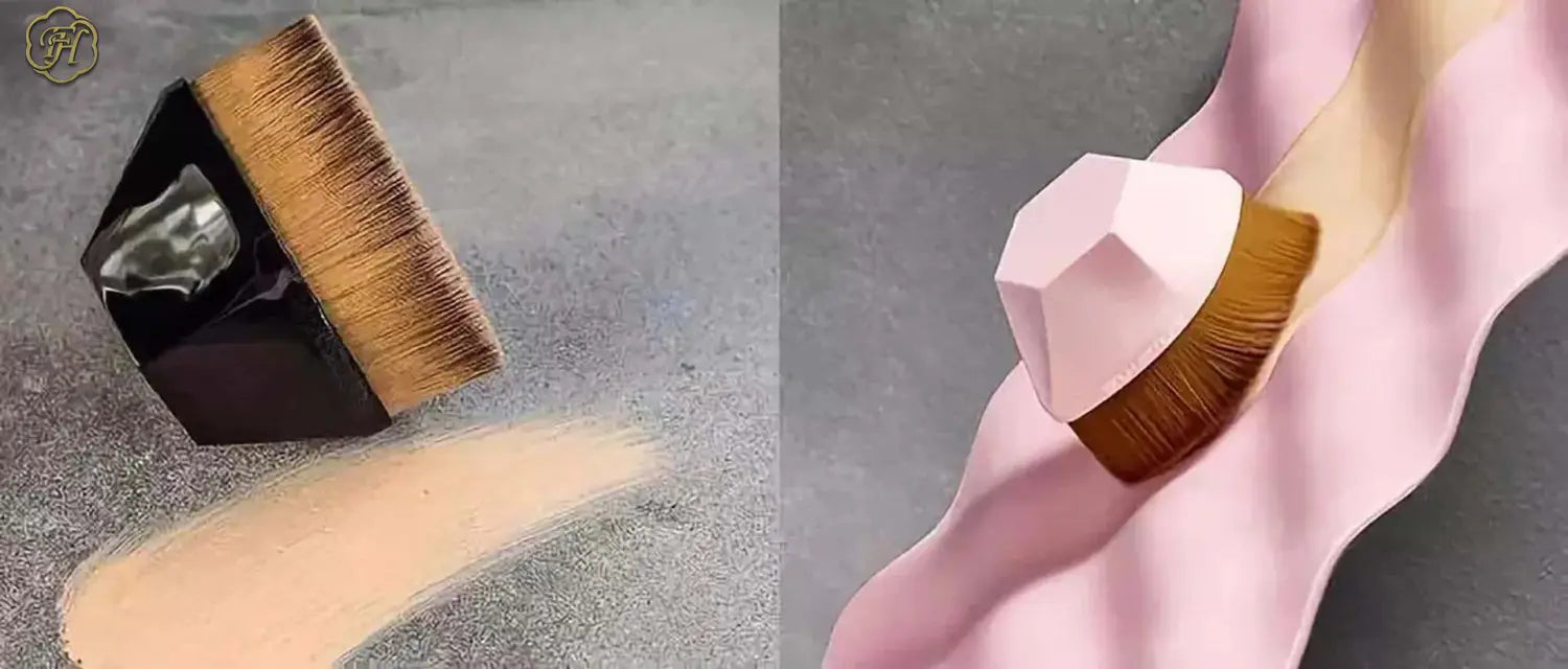 A sleek foundation brush with a faceted pink handle and golden bristles from a foundation brush and powder makeup set with case.