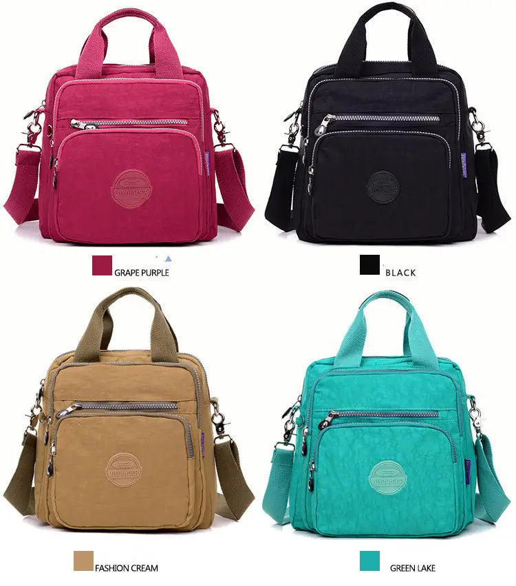 Magenta multi-functional nylon crossbody bags in grape purple, black, fashion cream, and green lake with multiple zippered compartments and adjustable straps.