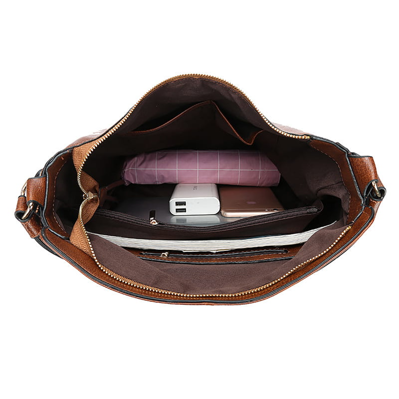 brown leather crossbody bag with multiple compartments and zipper closure designed as a large capacity faux leather zippered hobo shoulder bag