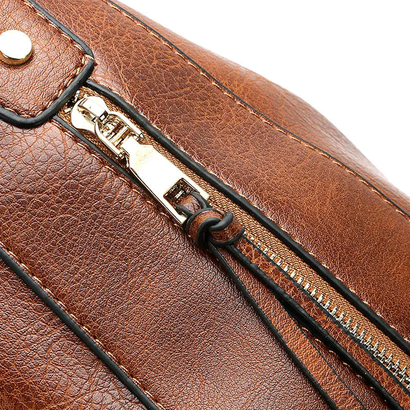 Large capacity faux leather brown hobo shoulder bag featuring a gold-toned zipper and black stitching.