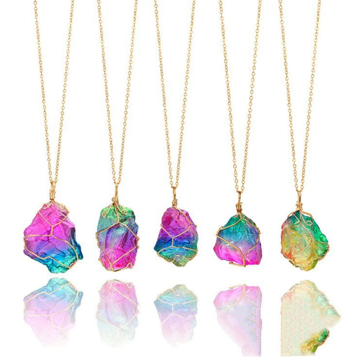 Five colorful rainbow quartz crystal pendant necklaces with gold-toned chains and wire-wrapped stones for elegant jewelry wear.
