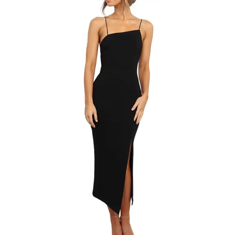 Black sleeveless bodycon midi dress made of soft fabric featuring spaghetti straps and a high slit for elegant evening wear.