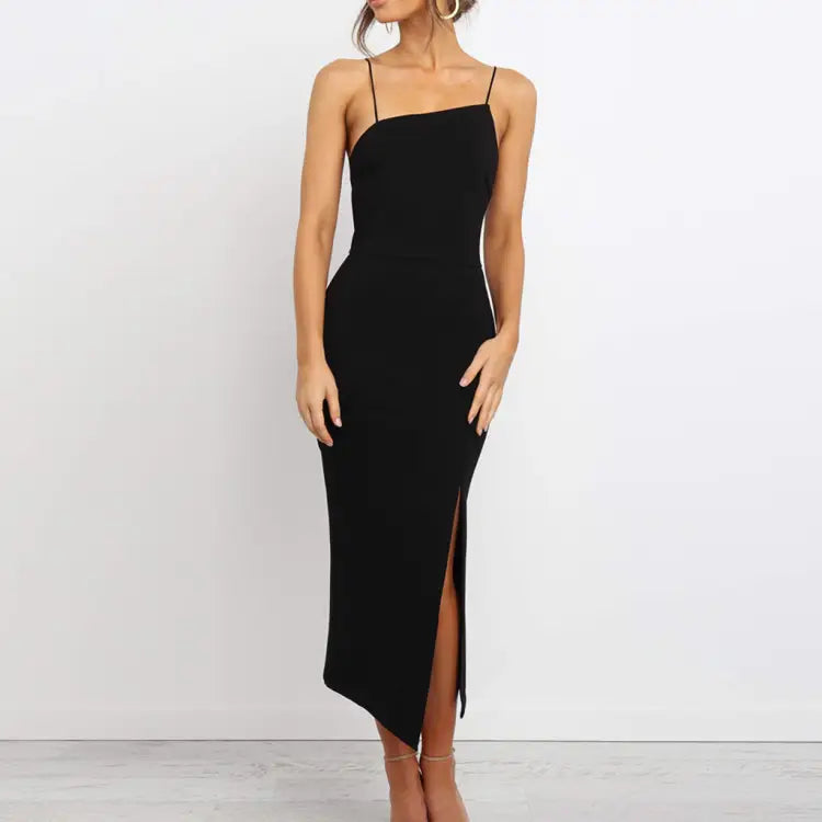 Black sleeveless high slit bodycon midi dress with spaghetti straps and a sleek, form-fitting design.