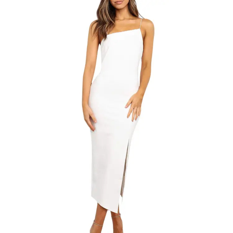 A sleek white sleeveless high slit bodycon midi dress with spaghetti straps and a side slit.