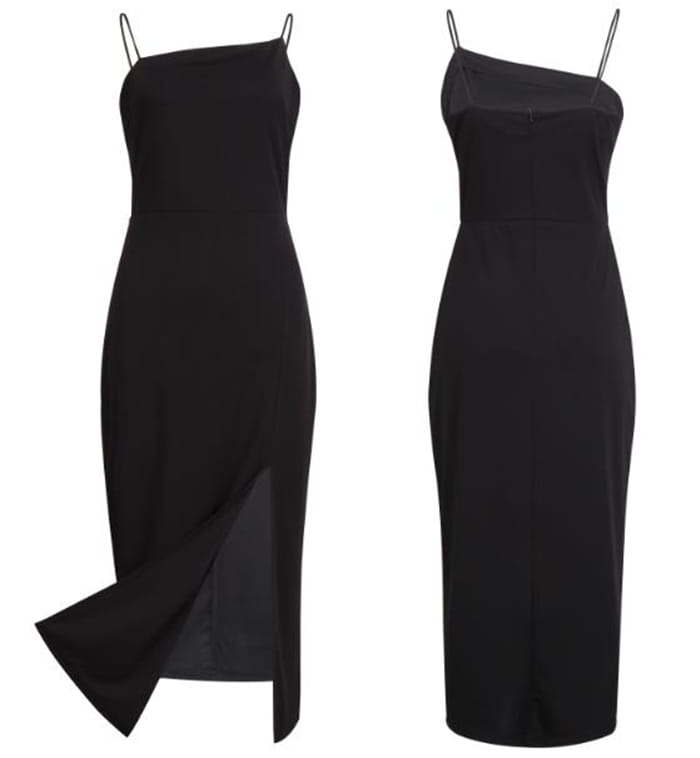 Black sleeveless high slit bodycon midi dress with spaghetti straps and a sleek form-fitting silhouette.