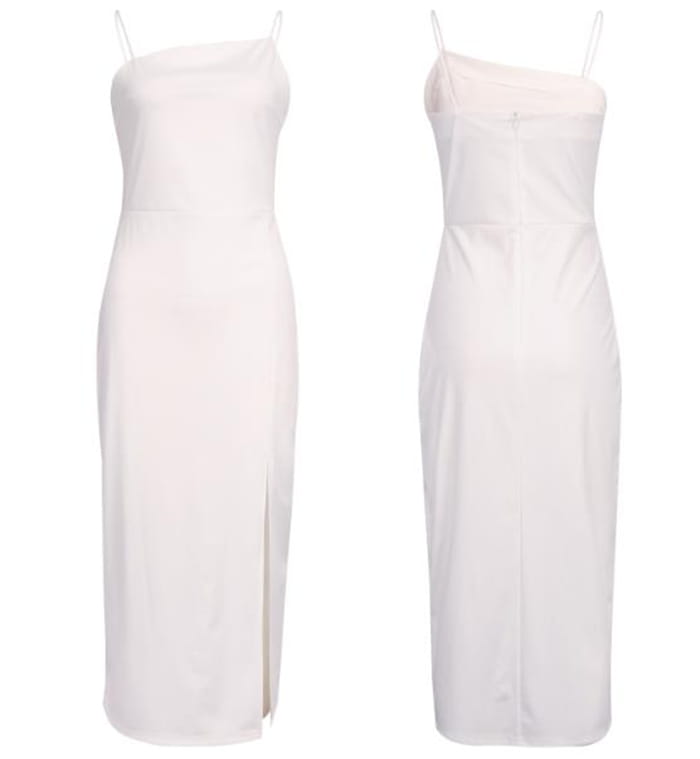 White sleeveless high slit bodycon midi dress with spaghetti straps and smooth flowing fabric.