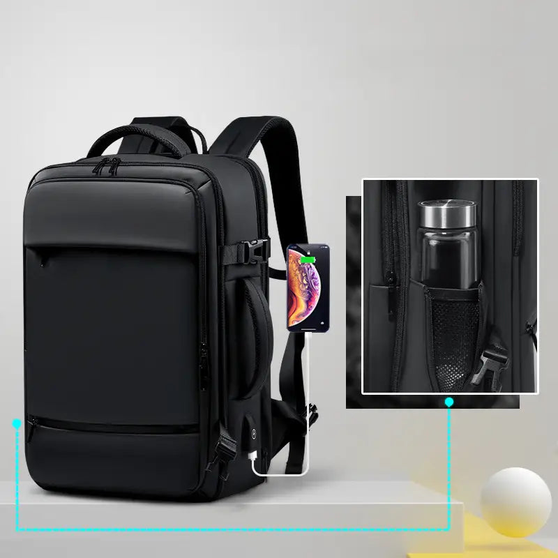 black business laptop backpack with multiple compartments and a side pocket made of waterproof material suitable for travel use