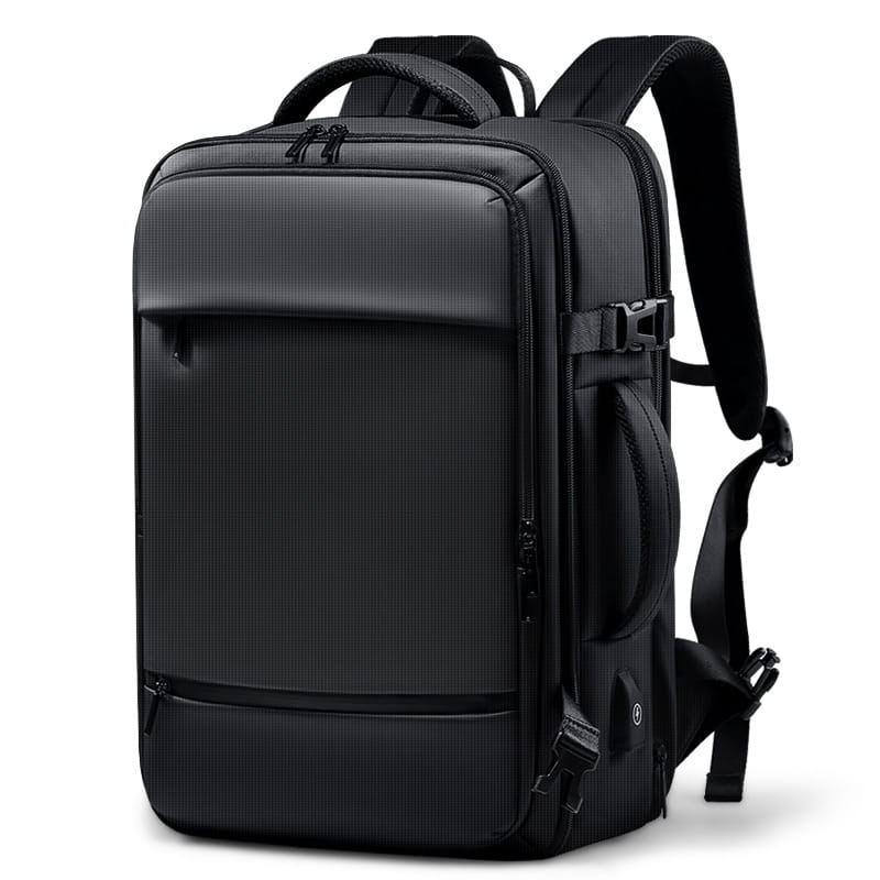 Black textured nylon business laptop backpack with multiple zippered compartments and adjustable shoulder straps designed as a waterproof travel bag with 20-35 liter capacity.