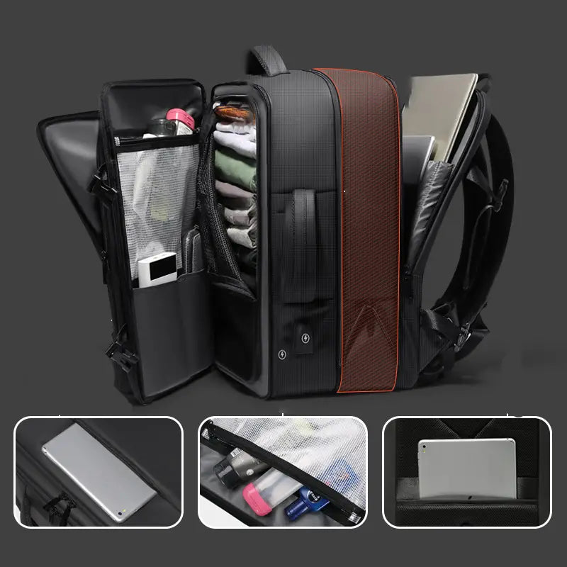 Black and brown textured business laptop backpack with multiple compartments for organizing electronics clothing and accessories waterproof travel bag.