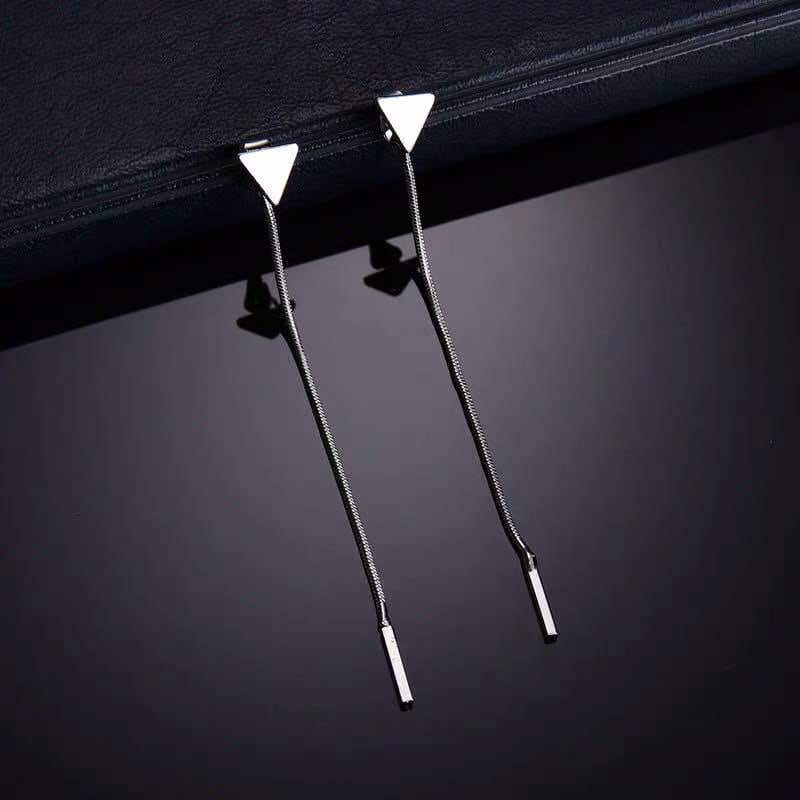 minimalist silver triangle tassel dangle earrings featuring a delicate chain and a sleek rectangular pendant.