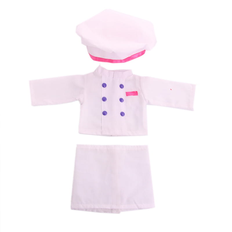 Ensemble de tenue de chef pour poupée de 46 cm (18 pouces) comprenant un chapeau bordé de rose, des boutons violets et une jupe assortie, conçu pour les poupées American Girl.