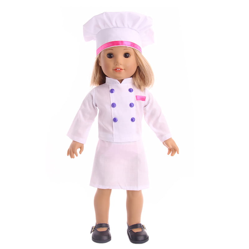 Tenue de chef blanche avec boutons violets et chapeau orné d’un ruban rose, pour une poupée American Girl de 46 cm (18 pouces) conçue pour jouer à cuisiner.