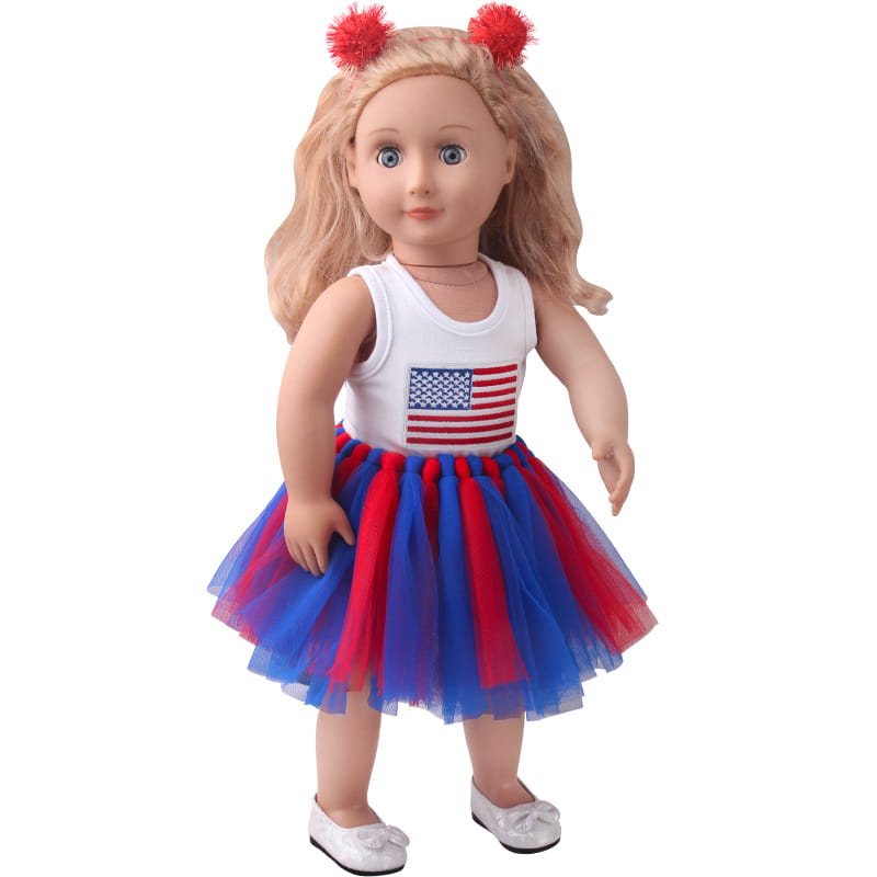 18-Zoll-Puppenbekleidung mit USA- und Malaysia-Flaggen-Tutu-Outfit: ein weißes Tanktop mit besticktem U.S.- sowie einem vom amerikanischen Flaggenmotiv inspirierten Tutu.