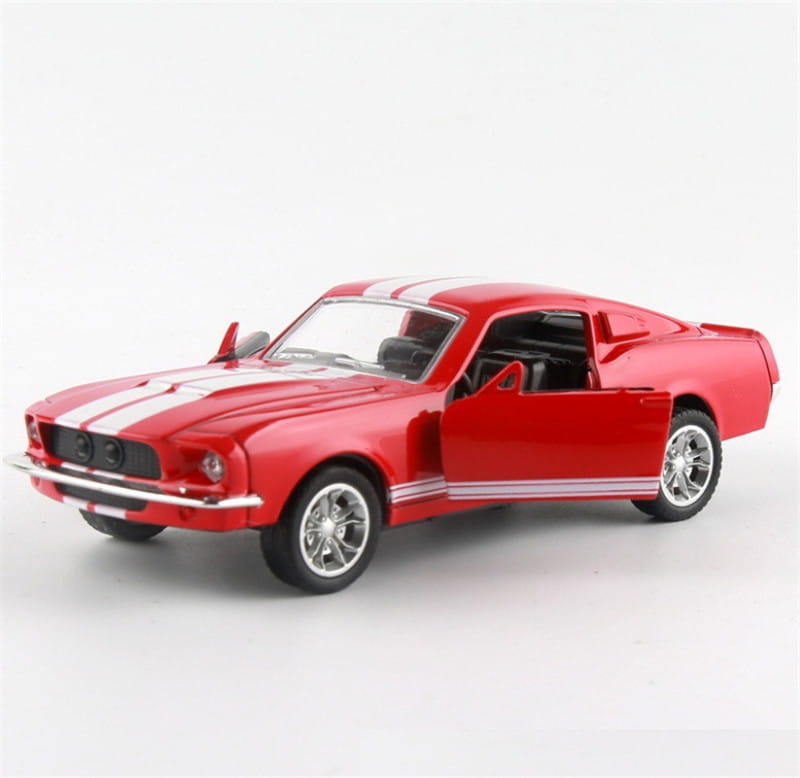 Red diecast model car of a classic Ford Mustang with white racing stripes and chrome wheels in 1 32 alloy toy scale