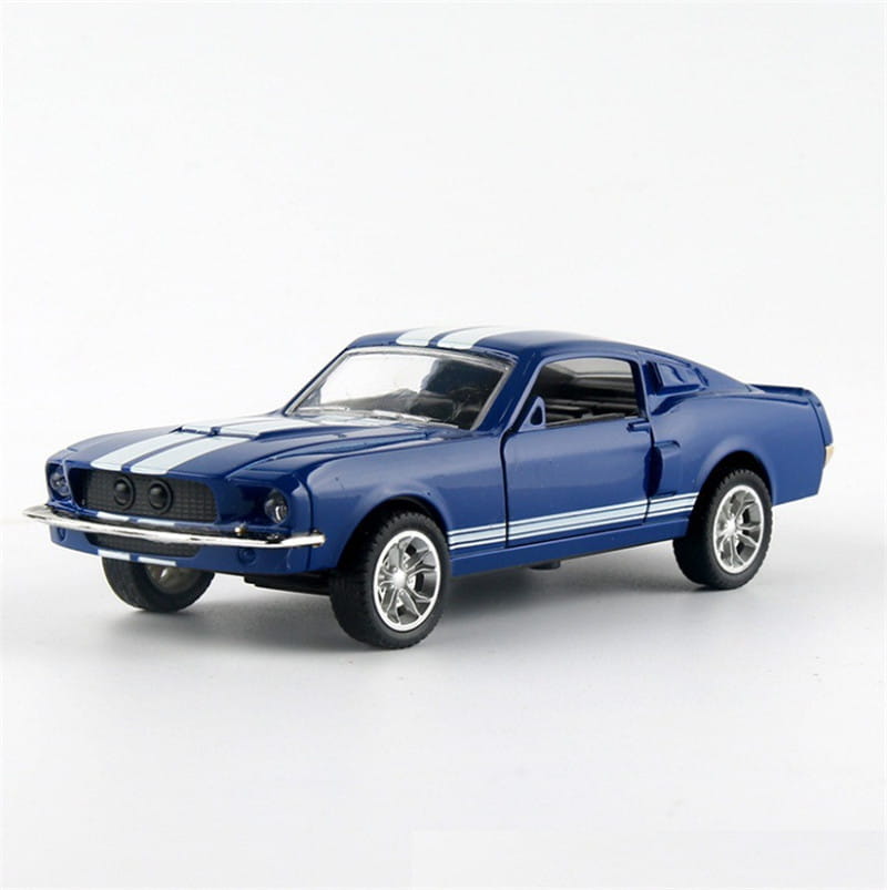 Blue diecast model car of a classic Ford Mustang with white racing stripes made of 1 32 alloy for collectible display.