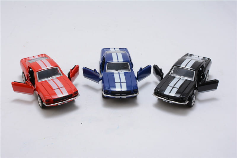 Three diecast model Ford Mustang cars in red blue and black with white racing stripes and open doors made of 1 32 alloy for collectible display.