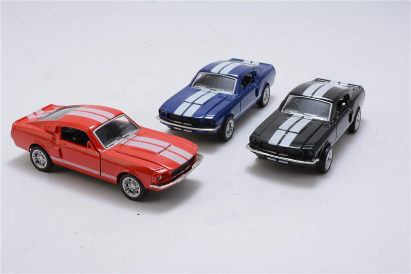 Three diecast model ford mustang cars in red blue and black with white racing stripes made of alloy at 1:32 scale for collectible use.
