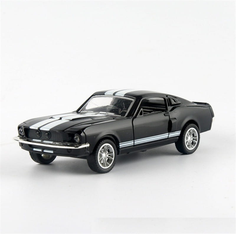 Black diecast Ford Mustang model car 1 32 alloy toy with silver racing stripes and chrome wheels displayed from the front.