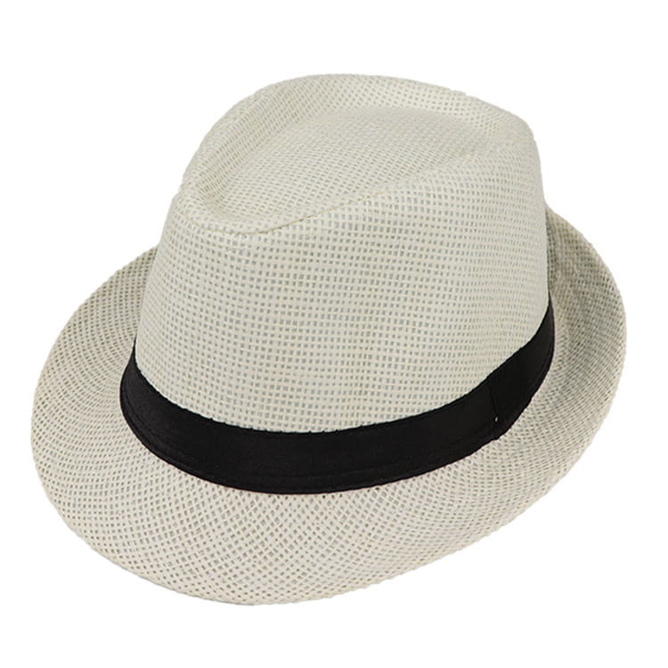 Beige woven fedora hat made of straw with a black ribbon band designed as a parent child sun hat.