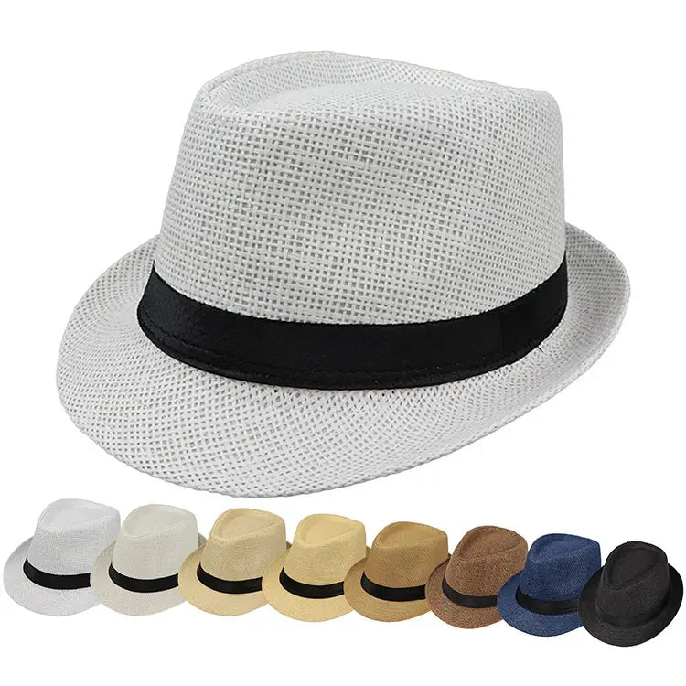 White woven fedora hat with black ribbon band made of straw for parent and child sun protection.