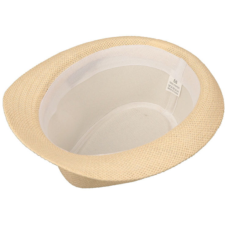 Beige woven straw parent child fedora hat with soft rounded brim and white interior lining for sun protection.
