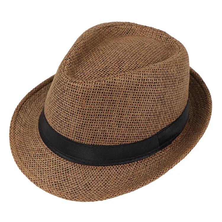 Brown woven fedora hat straw sun hat with a black satin band designed for parent child use.