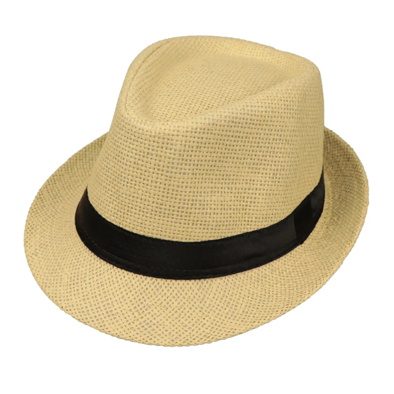 Beige woven fedora hat with a black satin band made of straw for parent and child sun protection.