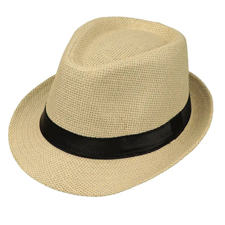 Beige woven fedora hat made of straw with a black satin band designed for parent and child sun protection.
